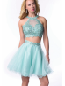 Blue Tulle Lace Beaded Halter Triangle Back Two Piece Knee Length Prom Dress 